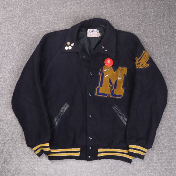 VTG 90s Womens Varsity Pins Patches Medium Blue Long Sleeve Snap Jacket - Picture 1 of 5